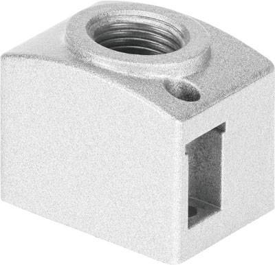 Un bloc de métal argenté de forme rectangulaire, doté d'un trou fileté central et profondi, ainsi qu'un raccordement rectangulaire sur le côté.
