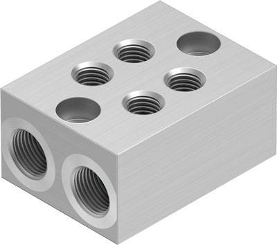 Bloc de métal argenté, rectangulaire, doté de plusieurs trous filetés sur le dessus et sur la face avant.