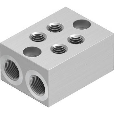 Bloc de métal argenté, rectangulaire, doté de plusieurs trous filetés sur le dessus et sur la face avant.