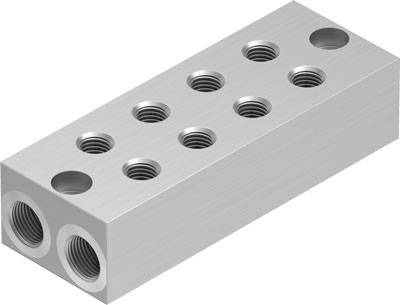 Bloc métallique avec plusieurs perçages filetés disposés en deux rangées. Adapté pour les raccordements de tuyaux ou les fixations mécaniques.