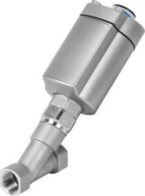 Une vanne en acier inoxydable à siège incliné avec commande pneumatique, adaptée aux applications industrielles dans les conduites de liquides et de gaz.