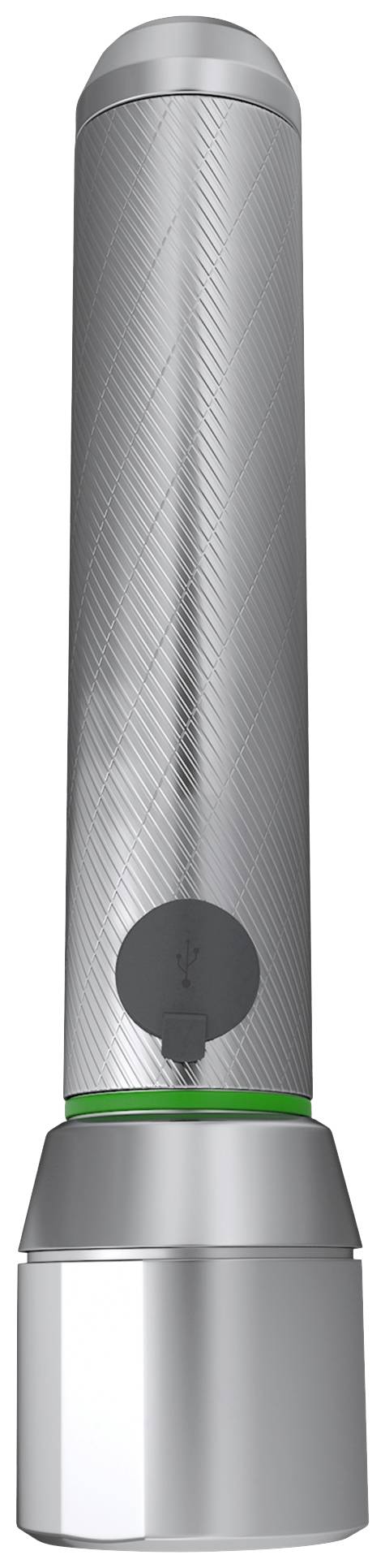 Lampe de poche en métal, cylindrique, avec surface rainurée et anneau vert à l'extrémité supérieure.