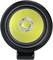 Projecteur LED jaune rond avec boîtier noir, gros plan montrant l'ampoule au centre.