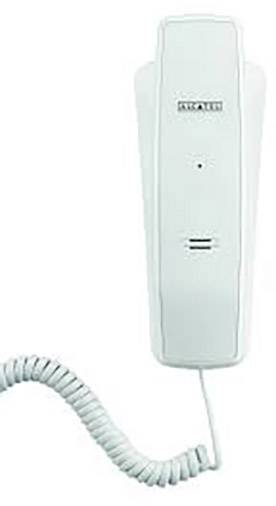 Un combiné téléphonique classique à fil avec cordon spiralé, adapté à une installation murale.