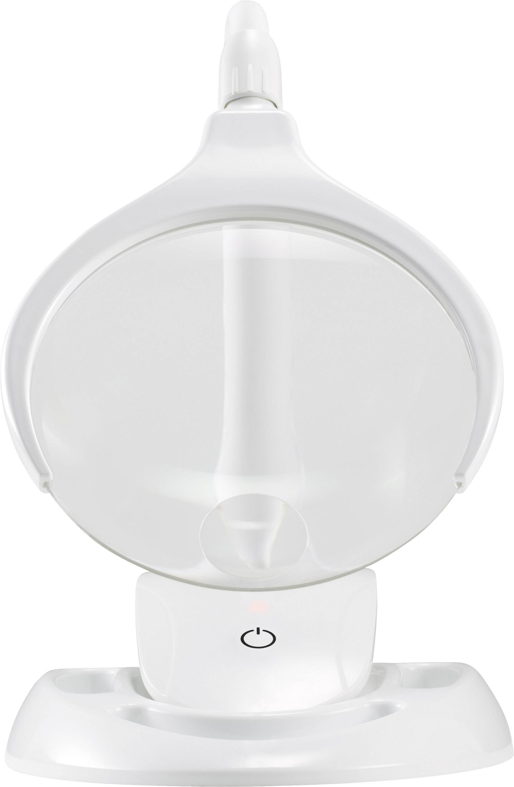 Un humidificateur blanc et sphérique avec un bouton marche/arrêt à l'avant.