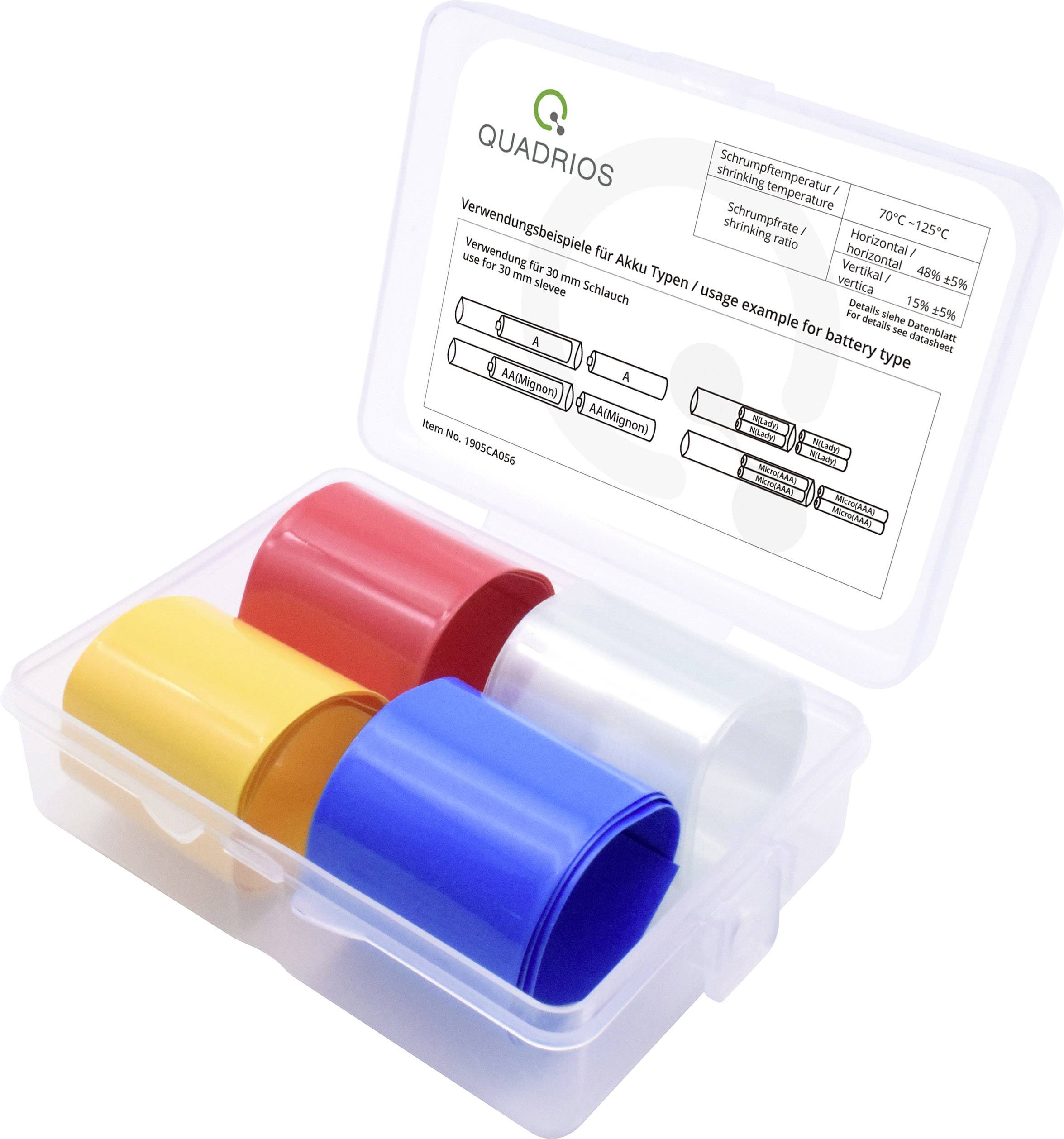 Boîte transparente contenant des gaines thermorétractables colorées en rouge, jaune et bleu. L'étiquette décrit les applications et la plage de température.