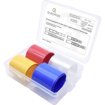 Boîte transparente contenant des gaines thermorétractables colorées en rouge, jaune et bleu. L'étiquette décrit les applications et la plage de température.