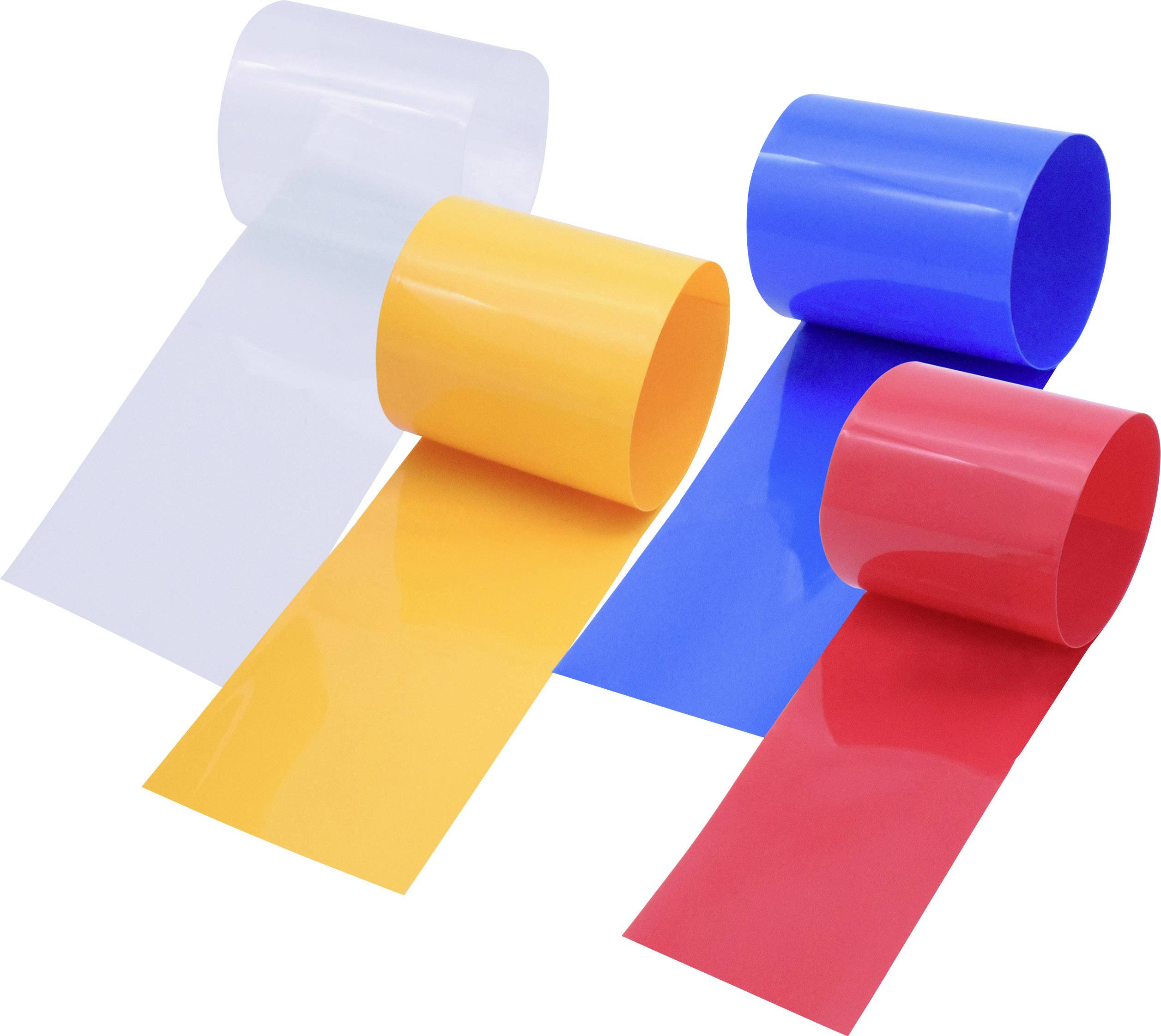 Quatre rouleaux de film coloré : blanc, jaune, bleu et rouge. Chaque rouleau est partiellement déroulé et montre sa couleur vibrante.