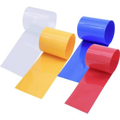 Quatre rouleaux de film coloré : blanc, jaune, bleu et rouge. Chaque rouleau est partiellement déroulé et montre sa couleur vibrante.