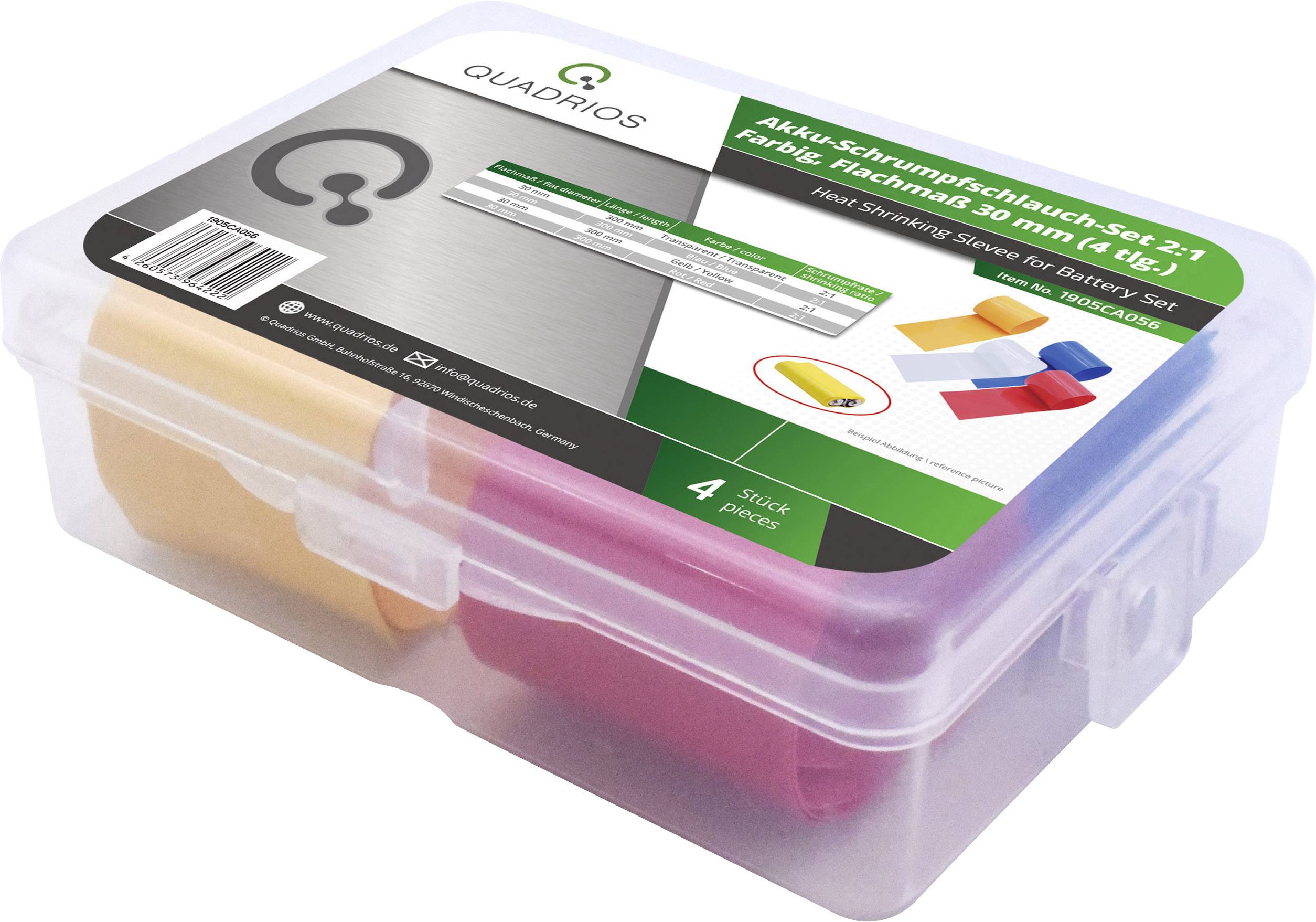 Boîte en plastique transparent contenant des gaines thermorétractables de différentes couleurs. Comprend un ensemble pour différentes tailles de câbles de Quadrios.