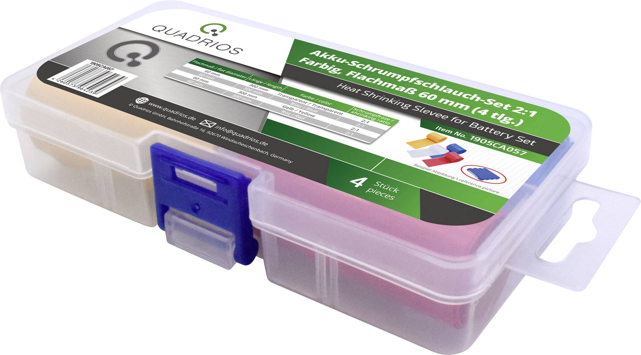 'Quadrios Ensemble de Gaines Thermoretractables 2:1, Coloré, 60 mm (4 pièces) dans un boîtier en plastique transparent. Contient des gaines thermoretractables colorées pour batteries.'