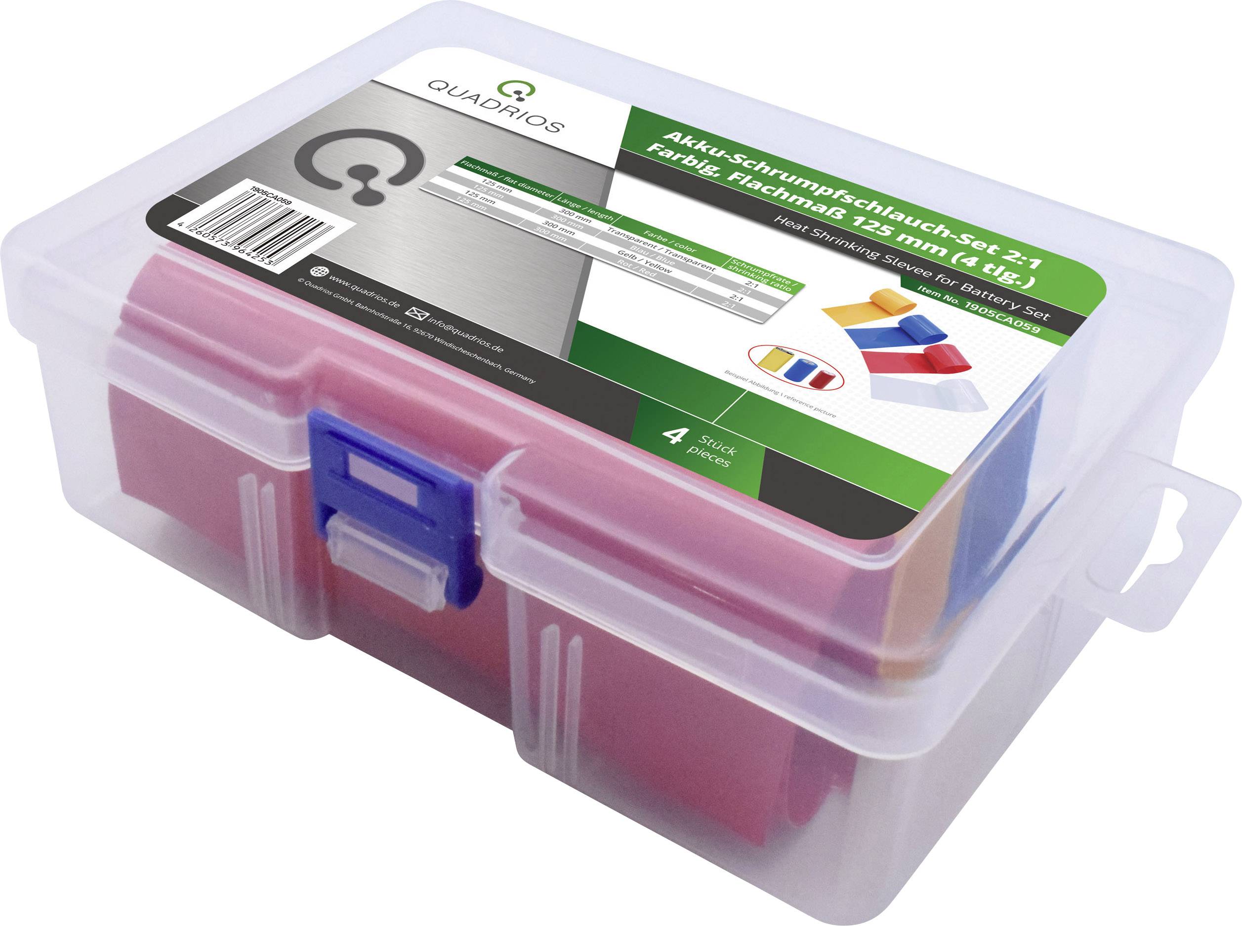 Boîte en plastique transparent avec un ensemble de gaines thermoréductibles pour batterie dans 4 couleurs. Étiquette en haut avec les informations du produit et l'illustration des gaines.