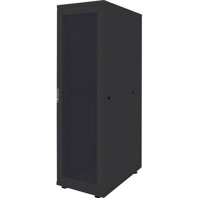 Un armoire de serveur noir avec des portes perforées fermées, adapté pour héberger des équipements réseau dans un centre de données.