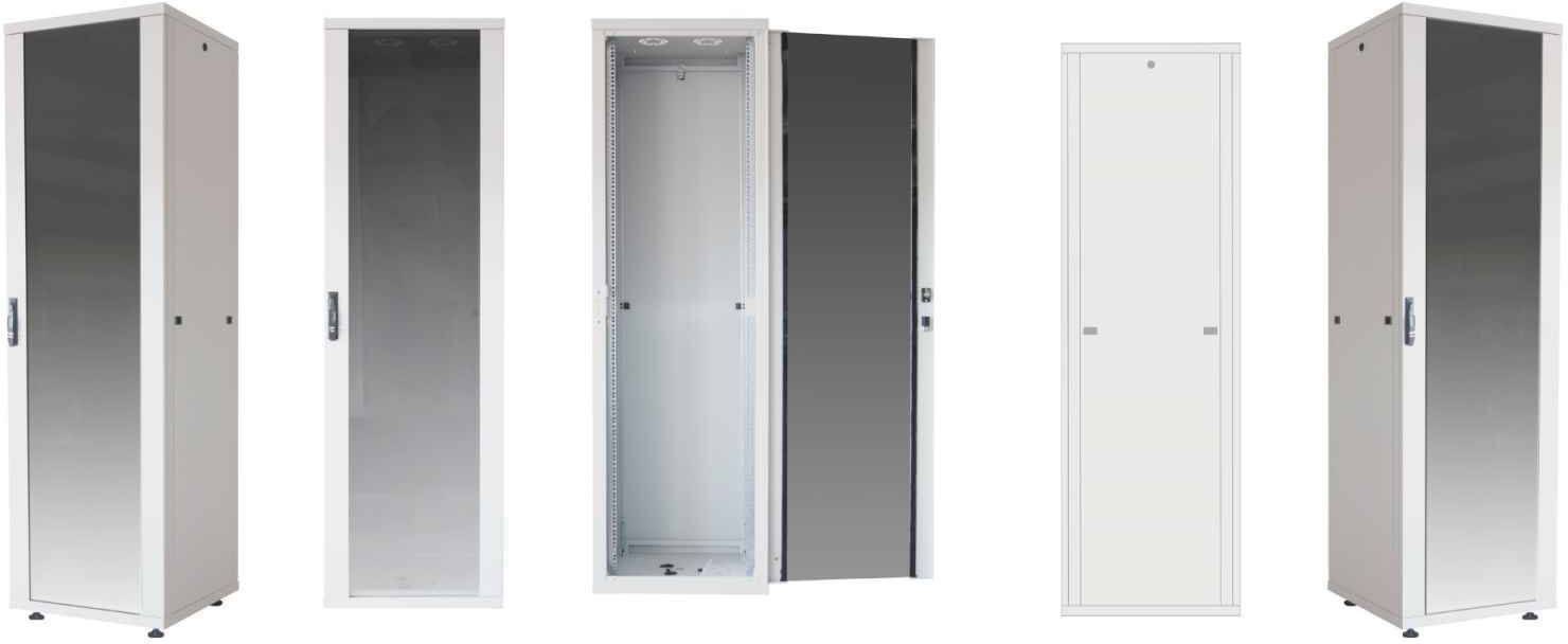 Cinq images d'une armoire métallique blanche sous différents angles, comprenant une vue fermée, une vue partiellement ouverte et une vue avec la porte grande ouverte.