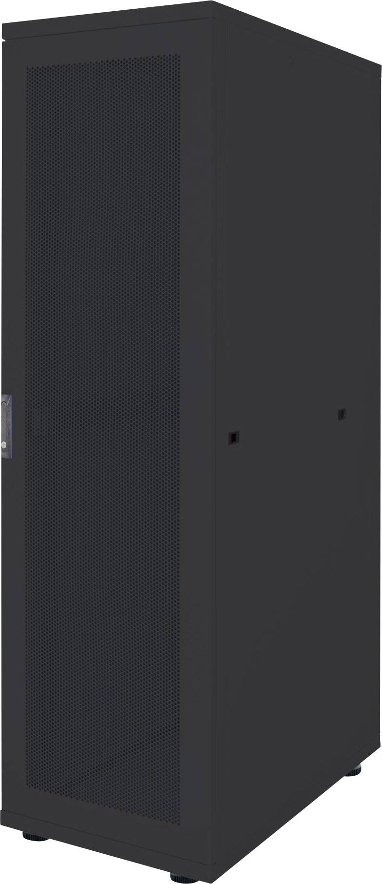 Un rack serveur noir avec porte perforée.