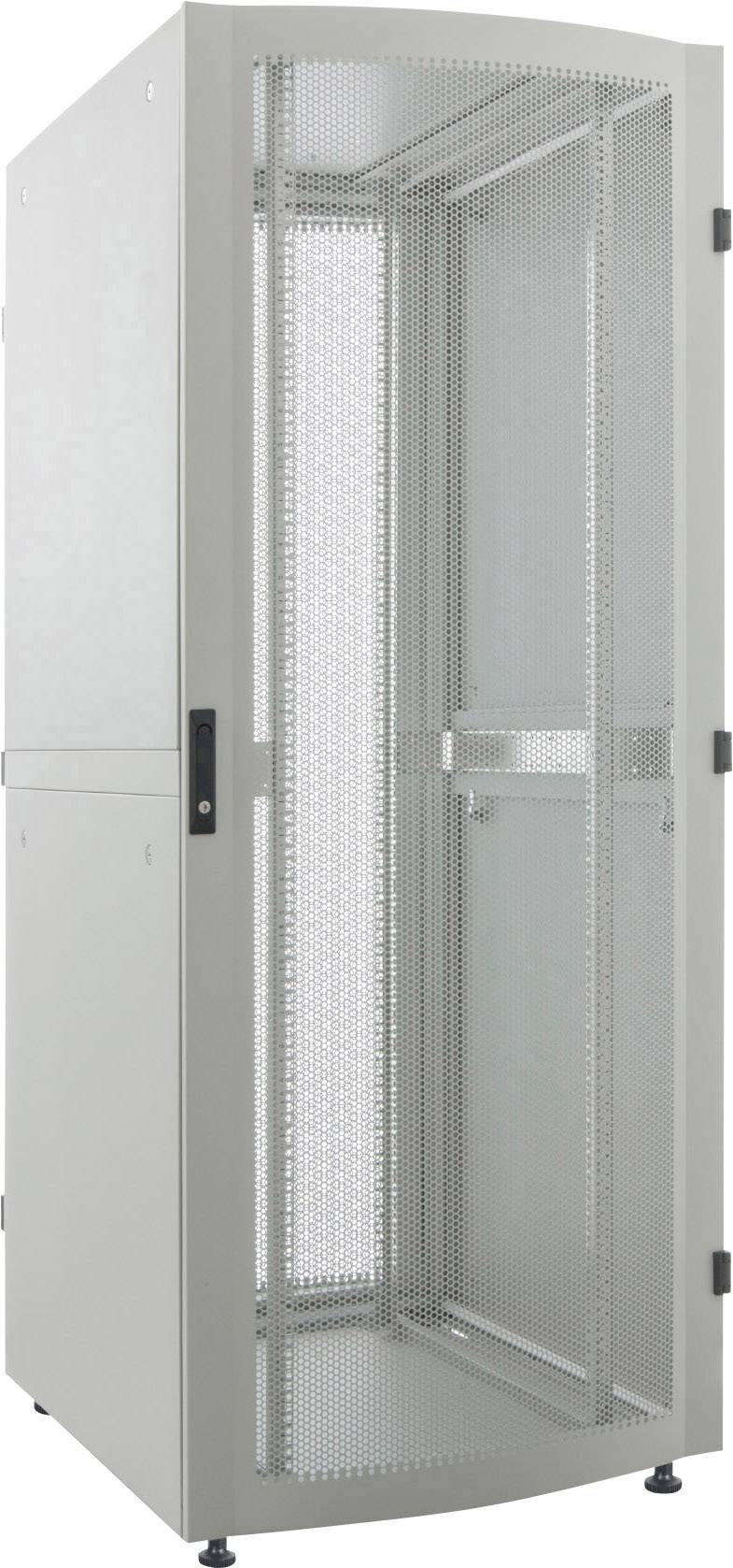 Armoire de serveur grise avec portes perforées pour la ventilation, reposant sur quatre pieds. Utilisée pour le stockage et l'organisation des serveurs dans les centres de données.