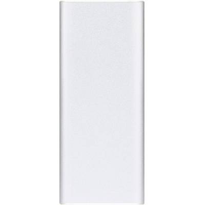Un objet rectangulaire argenté, probablement un appareil ou un étui, sur un fond blanc.