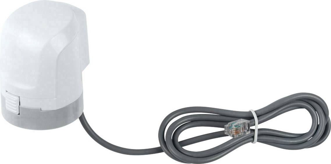 Un mécanisme électrique blanc avec un câble noir et une fiche de connexion, probablement un actionneur ou un capteur.
