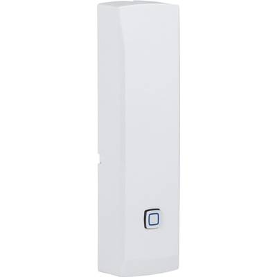 Un capteur blanc rectangulaire avec un bouton bleu sur la face avant.