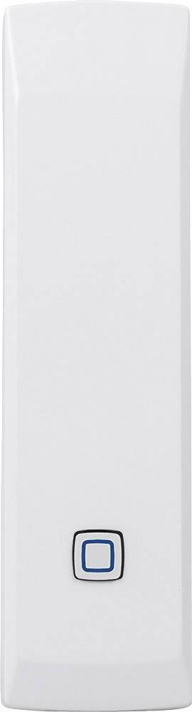 Un appareil rectangulaire blanc avec un seul bouton encadré de bleu au centre. Probablement un dispositif de commande électronique.