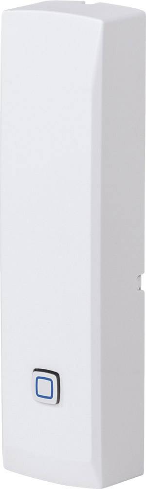 Un capteur blanc rectangulaire avec un petit bouton bleu au centre de sa face avant.