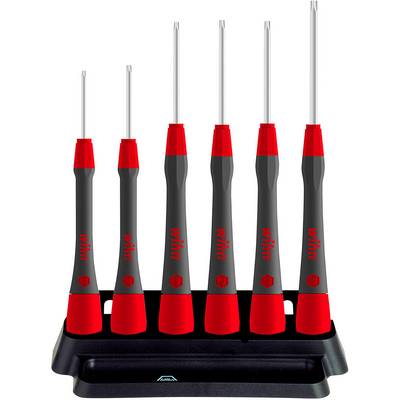 Un ensemble de six tournevis de différentes tailles, noir et rouge, posé sur un support noir. Convient pour des travaux de précision.