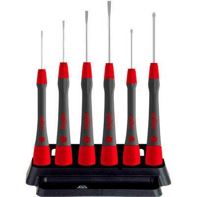 Ensemble de tournevis en six pièces avec manche rouge et support noir. Comprend différents types de lames pour un travail précis.