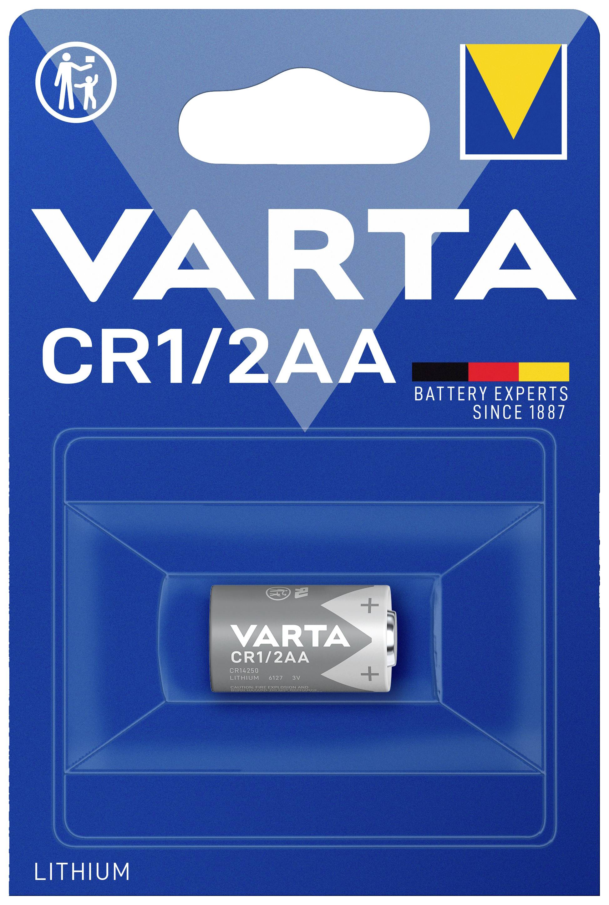 L'illustration montre une pile lithium VARTA CR1/2AA dans son emballage. En haut se trouve le logo et le texte 'EXPERTS EN BATTERIES DEPUIS 1887'.