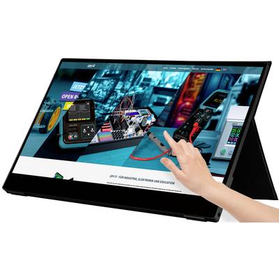 Un écran affiche un site web présentant des appareils électroniques et des instruments de mesure. Une main interagit avec l'écran tactile.