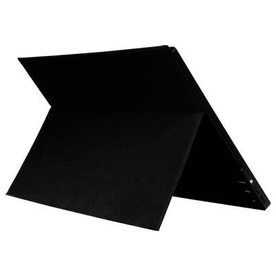 Une tablette noire avec une coque de protection est posée en biais, de sorte que l'écran n'est pas visible. L'appareil est allumé.