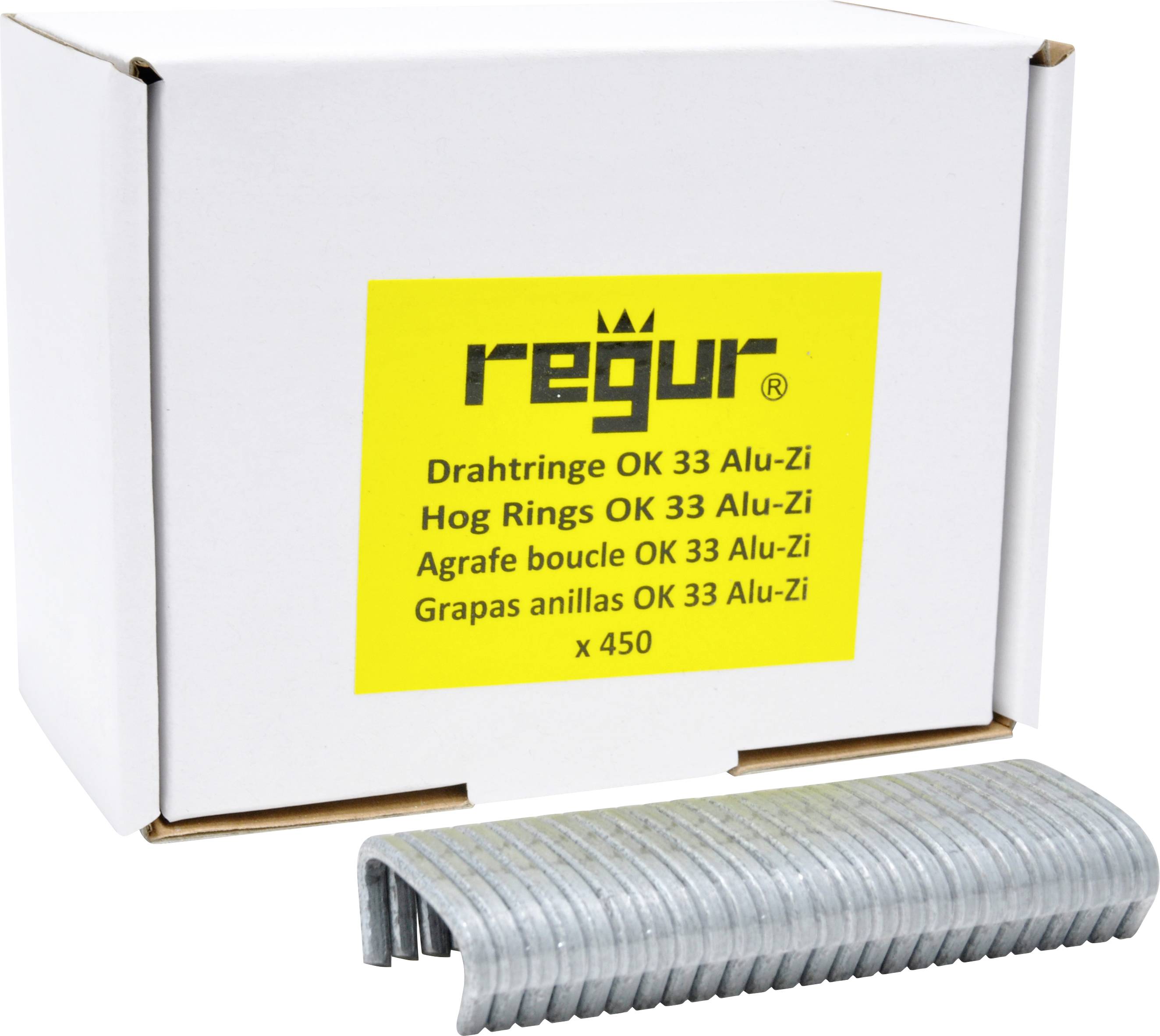 Emballage blanc avec étiquette jaune, sur laquelle est inscrit 'regur' avec la description du produit 'Drahtringe OK 33 Alu-Zi, x 450'. Pile d'anneaux métalliques à l'avant.