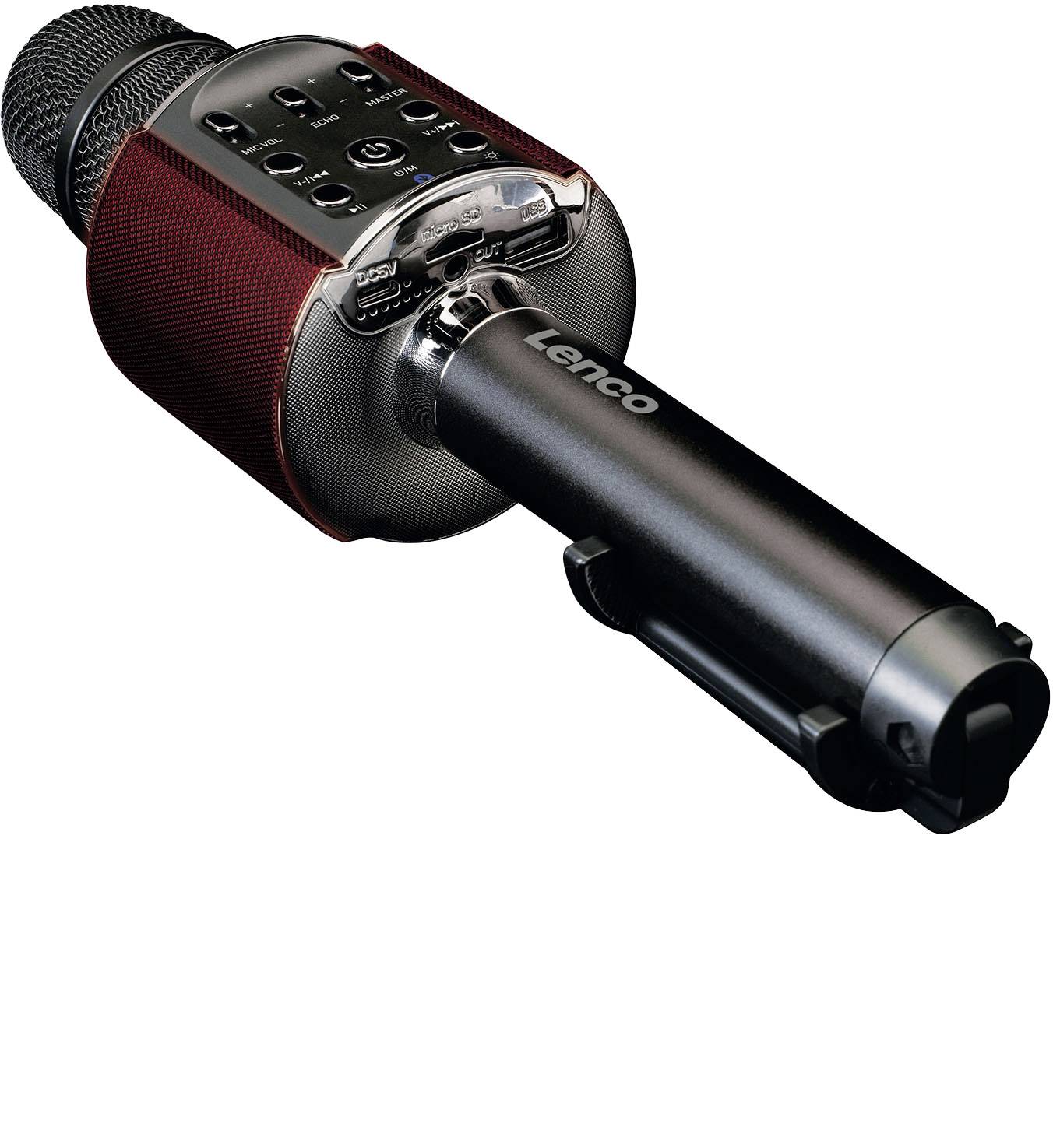 Un microphone portable avec haut-parleur intégré et commandes, adapté aux événements de karaoké.