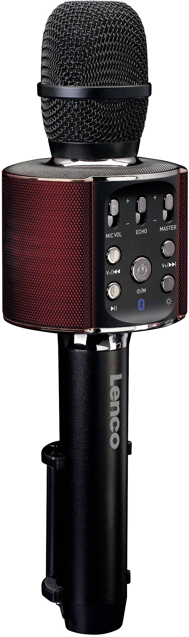 Microphone de karaoké avec haut-parleurs et touches de commande, design noir et rouge, portant la marque 'Lenco'.