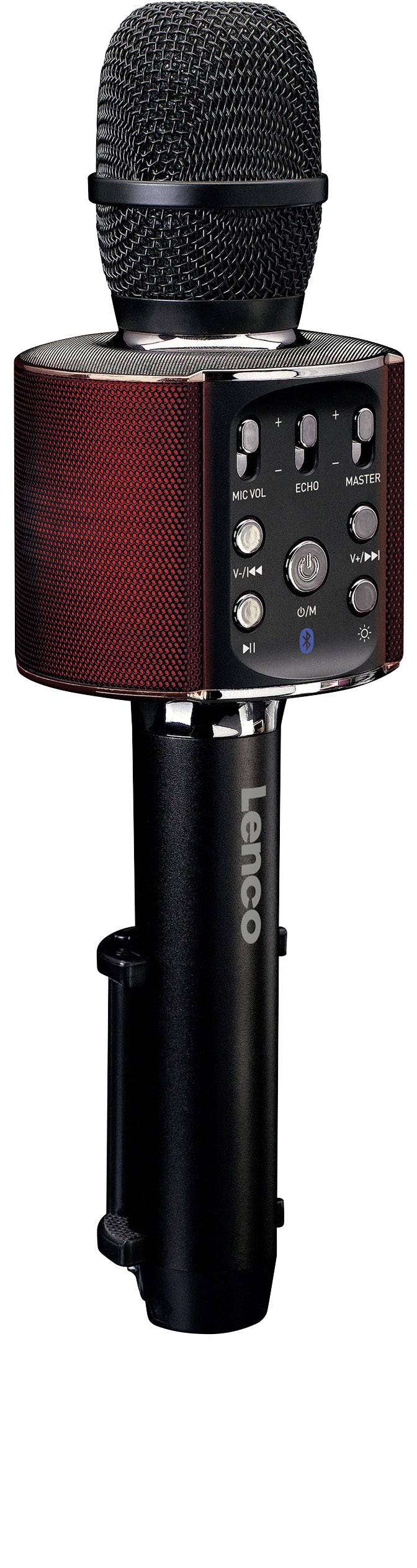 Microphone noir avec des détails rouges et plusieurs boutons sur la face avant, incluant un réglage de volume et un symbole Bluetooth.