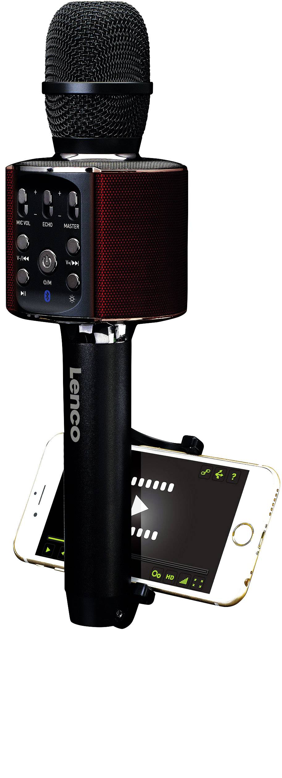 Un microphone avec un haut-parleur intégré et un support pour smartphone affichant une application musicale. Idéal pour les performances vocales.