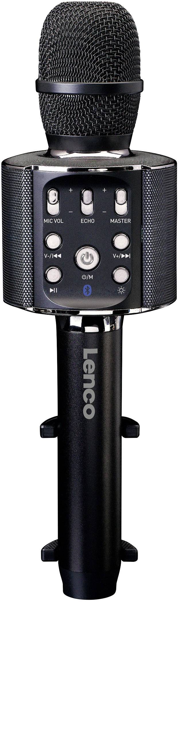 Microphone noir avec haut-parleur intégré et commandes. Marque 'Lenco' sur la poignée.