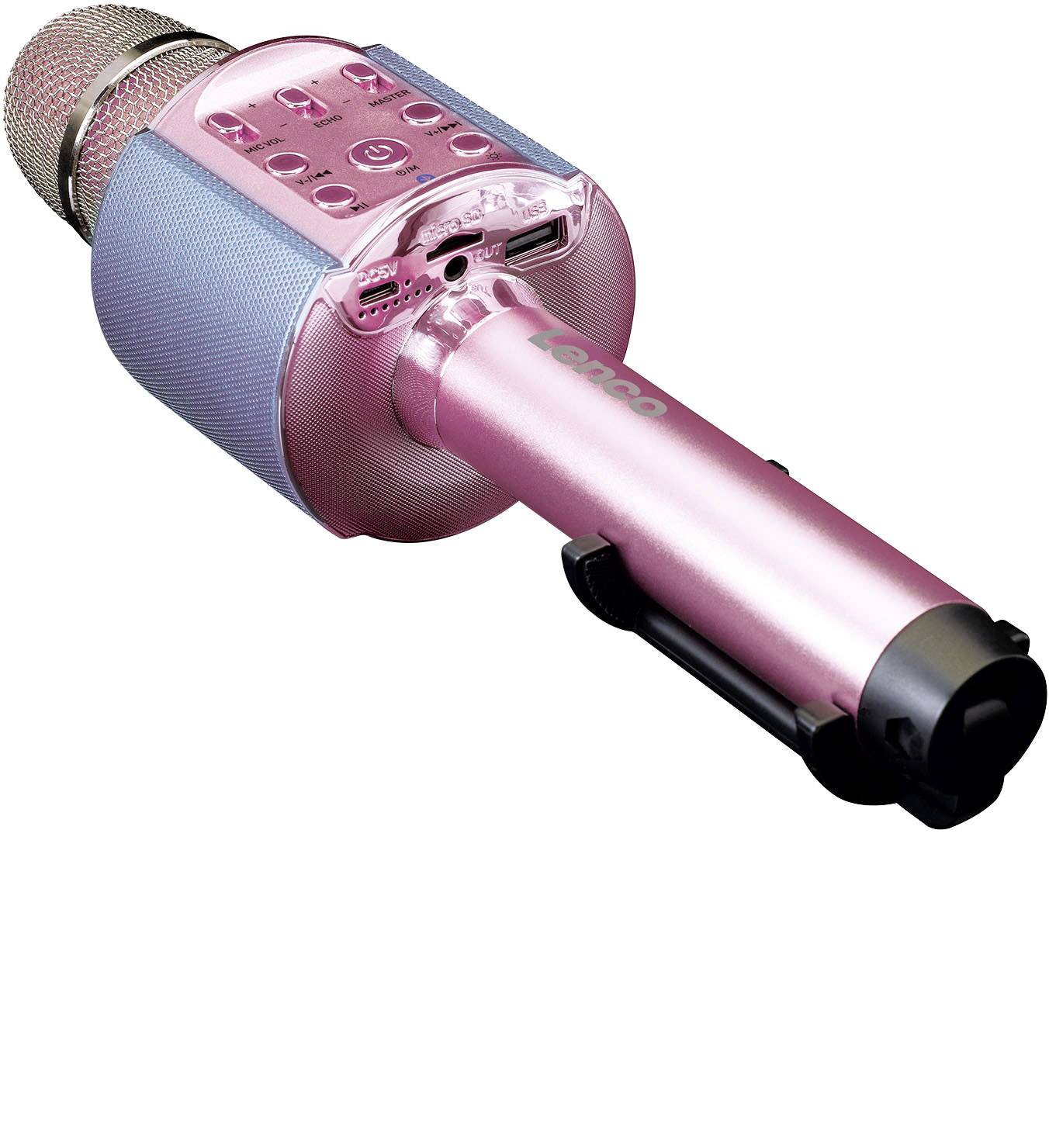 Un microphone portable rose avec un haut-parleur intégré et des boutons de commande sur l'avant.