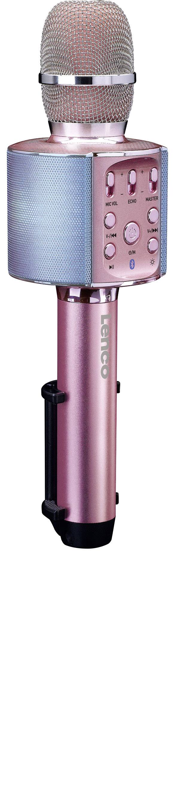 Microphone karaoké portable rose avec haut-parleur intégré et boutons de contrôle.