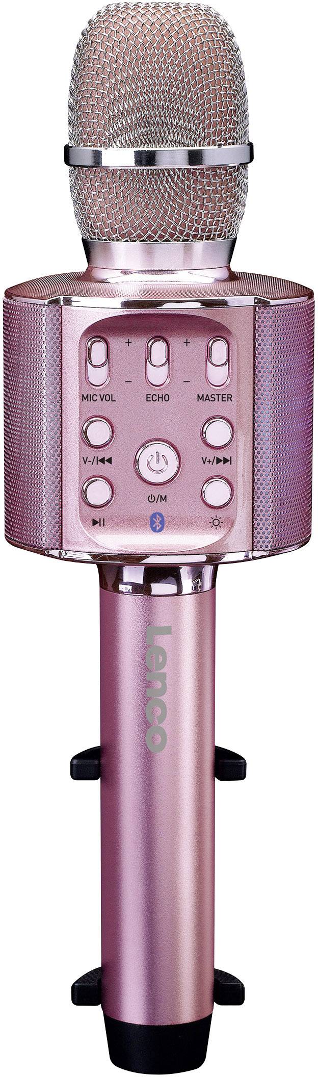Microphone sans fil rose avec commandes intégrées et haut-parleur, idéal pour le karaoké et le chant mobile.