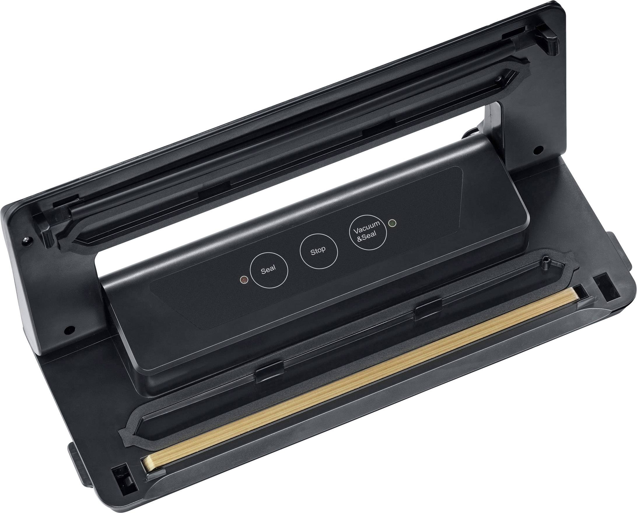 Appareil de mise sous vide noir en position ouverte avec trois boutons de commande : « Sceller », « Arrêt » et « Aspirer et sceller ».