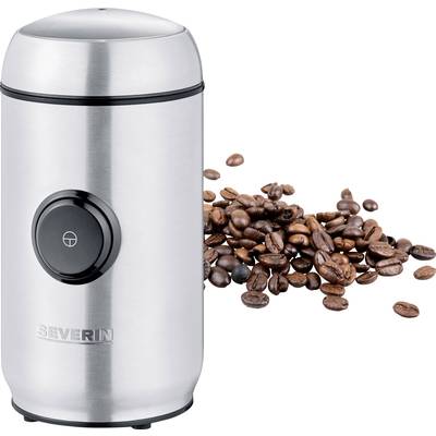 Un moulin à café électrique argenté avec des grains de café à côté.