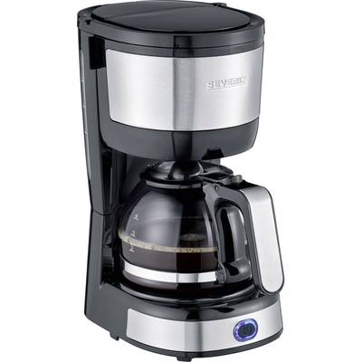 Machine à café filtre noire et argentée avec carafe en verre, remplie de café fraîchement préparé.
