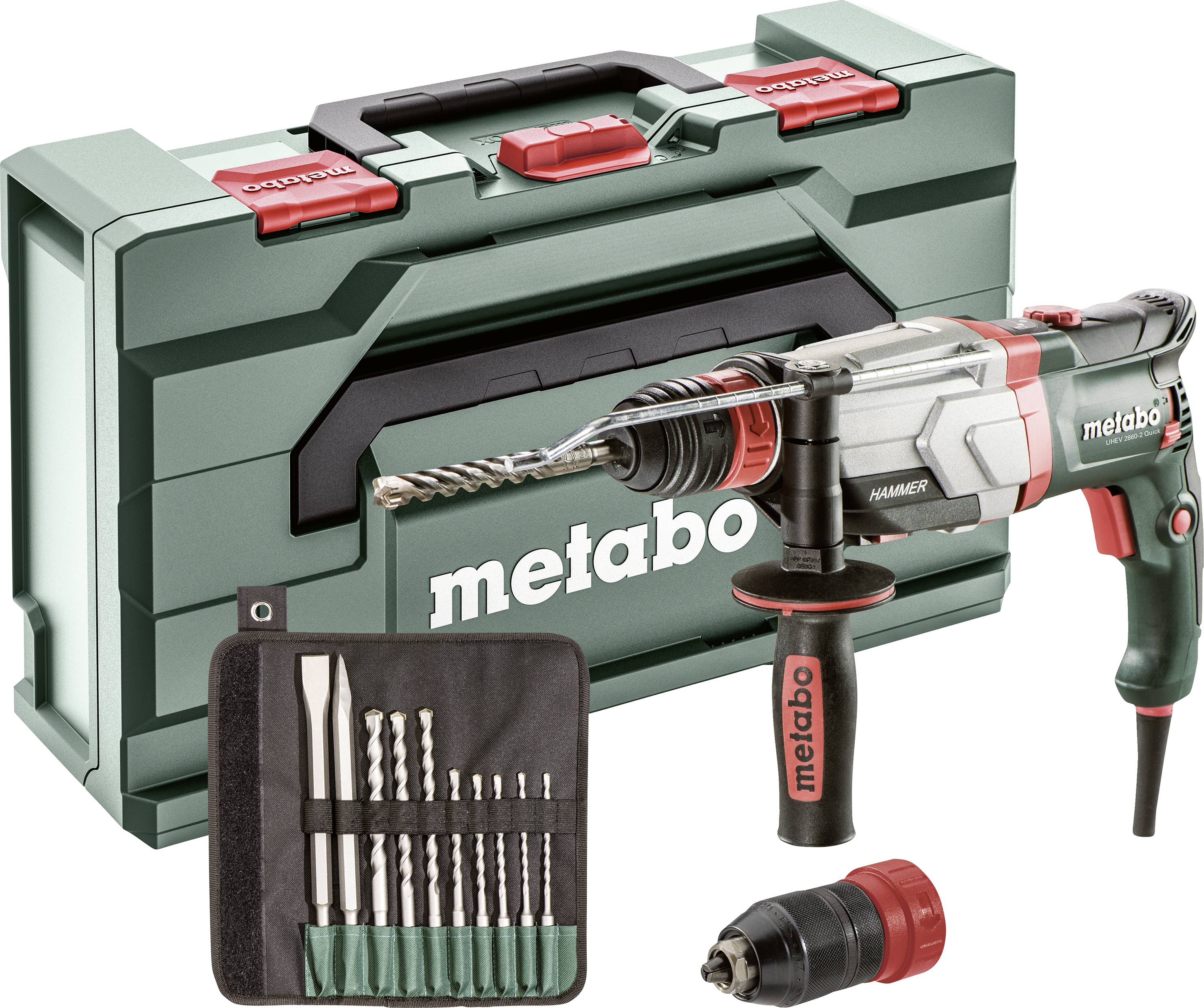 Ensemble de forage Metabo avec mallette de transport verte. Comprend des forets de différentes tailles, une perceuse, des pièces de rechange et une sacoche à outils.