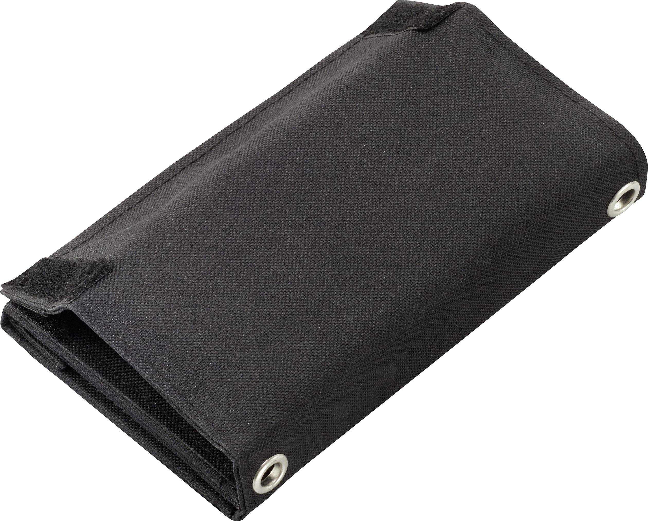 Portefeuille noir pliable avec deux œillets aux coins. Adapté pour les cartes, billets et pièces de monnaie.