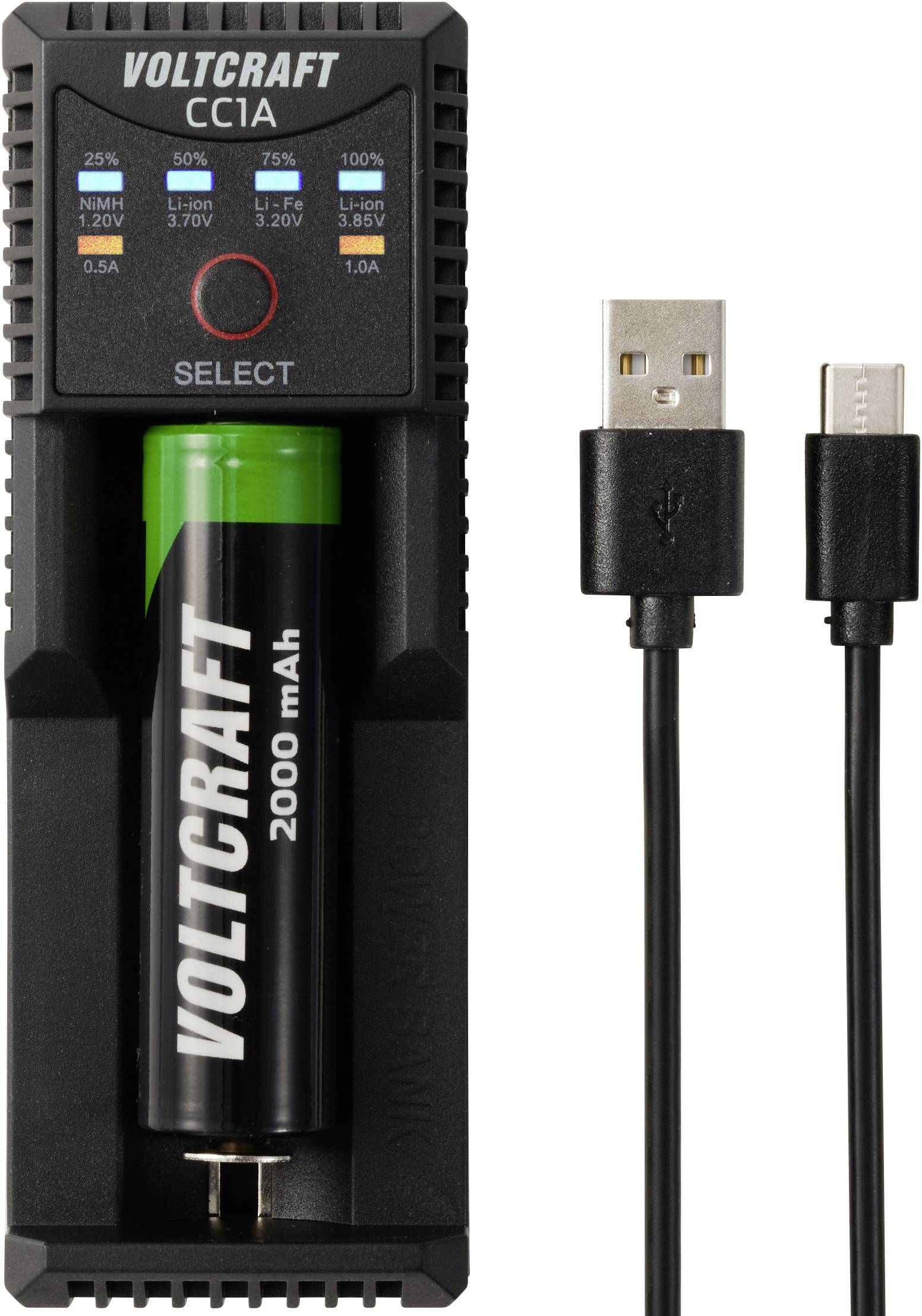 Chargeur de batterie avec une pile AA, un indicateur de charge et deux câbles USB, un câble USB-A et un câble Micro-USB.