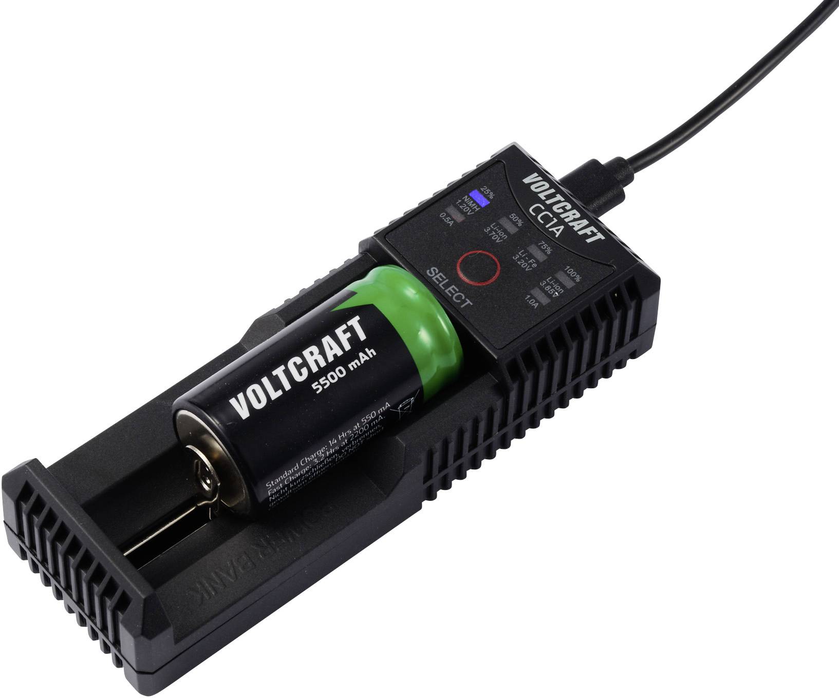 Chargeur avec une batterie rechargeable insérée, affichant un indicateur de charge.