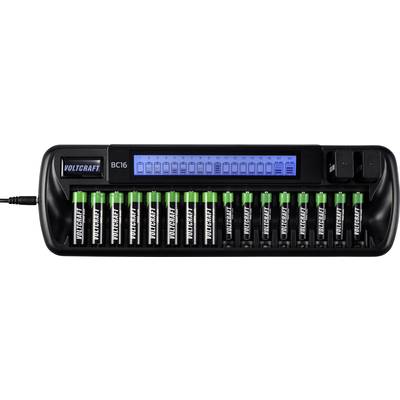 Chargeur de batterie : 16 piles vertes sont chargées simultanément. L'écran affiche l'état de charge. Le nom de marque 'Voltcraft' est visible.