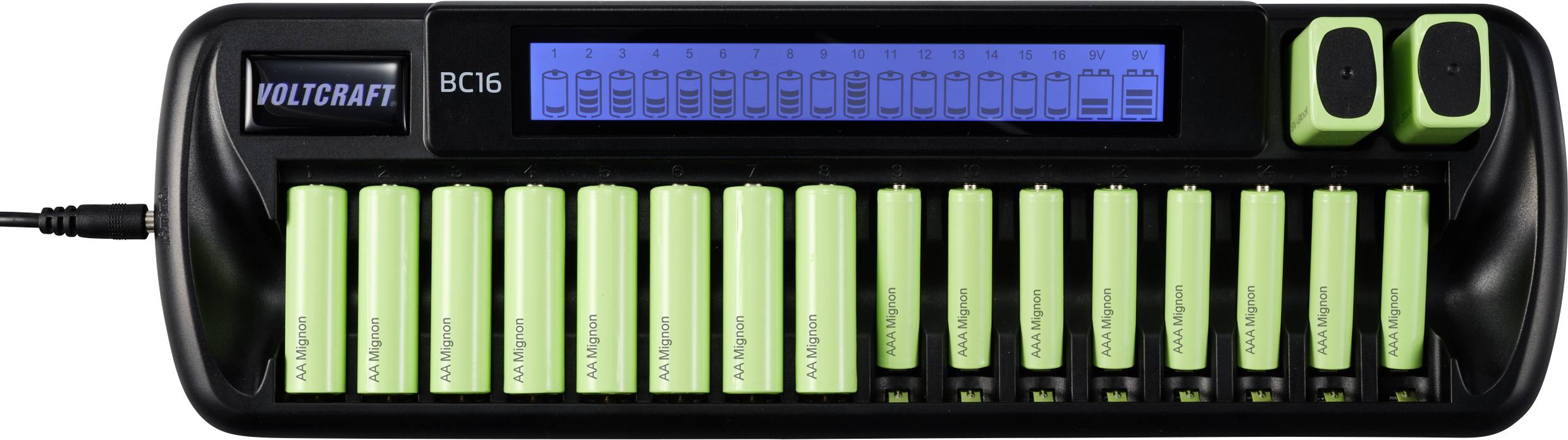 Voltcraft BC16 Chargeur de batterie avec 16 piles AA/AAA vertes à différents états de charge, affichage LCD en haut.