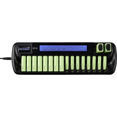Voltcraft BC16 Chargeur de batterie avec 16 piles AA/AAA vertes à différents états de charge, affichage LCD en haut.