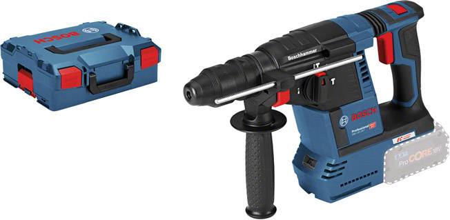 Marteau-piqueur Bosch avec mallette, bleu avec accent rouge, adapté pour percer et buriner le béton, la pierre et la maçonnerie.